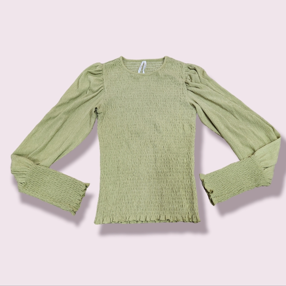 Anthropologie Smocked Green Long Sleeve Top